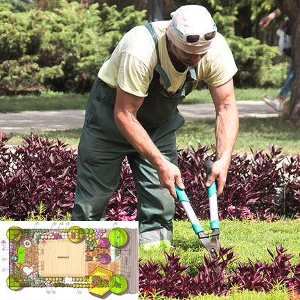 Landscape Industry Photo of a man trimming shrubs and a landscape plan